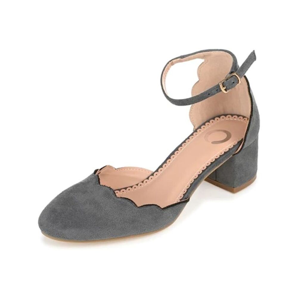NWOB JOURNEE COLLECTION Womens Gray Scalloped Edna Round Toe Block Heel Pumps 10